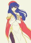  1girl blue_eyes blue_hair cape closed_mouth dress fire_emblem fire_emblem:_fuuin_no_tsurugi hat highres lilina long_hair nintendo okuo_aburami red_cape red_hat simple_background solo white_background white_dress 