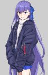  1girl alternate_costume blue_eyes casual ear_piercing eyebrows_visible_through_hair fate/extra fate/extra_ccc fate_(series) grey_background grin hair_ribbon jacket long_hair looking_at_viewer meltlilith michihasu piercing purple_hair ribbon simple_background skirt sleeves_past_wrists smile solo sweater very_long_hair 
