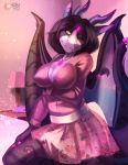  anthro breasts clothed clothing dragon eri-yo female horn looking_at_viewer one_eye_closed patreon smile solo watermark wings 