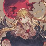  1girl bangs bat_wings black_skirt blonde_hair collared_shirt eyebrows_visible_through_hair flower frilled_shirt frilled_skirt frills full_moon granblue_fantasy hair_between_eyes head_wings highres long_hair long_sleeves looking_at_viewer moon one_eye_closed pointy_ears red_eyes red_flower red_moon red_rose rose shionty shirt simple_background sketch skirt smile solo star v vampire vampy white_shirt wings 