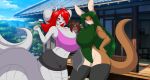  big_breasts blush breasts canid canine canis domestic_dog female group huge_breasts hyper hyper_breasts macropod mammal marsupial mastergodai olga_(mastergodai) reptile scalie shaze snake 