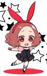  1girl :d blush brown_eyes brown_hair chibi commentary_request cross-laced_footwear do_m_kaeru fishnet_gloves fishnets gloves hair_ribbon okumura_haru open_mouth pantyhose persona persona_5 persona_5:_dancing_star_night plaid plaid_skirt pleated_skirt red_ribbon ribbon short_hair skirt smile solo twitter_username white_legwear 