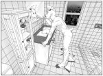  anthro athletic black_and_white bottle bovid brushing_teeth caprine city detailed_background digital_media_(artwork) fur goat hair hooves horn humanoid humanoid_penis jelly_shades leaning_over lights looking_at_mirror male mammal mirror mohawk monochrome mourtzo_(jelly_shades) muscular night_time nude penis reflection shower silhouette sink solo standing towel uncut 