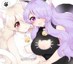  2girls alternate_costume animal_ears bell breasts camilla_(fire_emblem_if) cat_cutout cat_ears cat_tail cleavage cleavage_cutout female_my_unit_(fire_emblem_if) fire_emblem fire_emblem_if hair_over_one_eye hand_holding large_breasts long_hair multiple_girls my_unit_(fire_emblem_if) nintendo open_mouth plushcharm purple_eyes purple_hair red_eyes simple_background sleeveless tail twitter_username white_background white_hair 