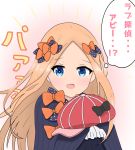  1girl :d abigail_williams_(fate/grand_order) atsumisu bangs black_bow black_dress blonde_hair blue_eyes blush bow cabbie_hat commentary_request dress fate/grand_order fate_(series) forehead hair_bow hands_up hat hat_bow highres kaguya-sama_wa_kokurasetai_~tensai-tachi_no_renai_zunousen~ long_hair long_sleeves looking_at_viewer no_hat no_headwear open_mouth orange_bow parted_bangs polka_dot polka_dot_bow red_hat sleeves_past_fingers sleeves_past_wrists smile solo striped translation_request upper_body vertical-striped_hat vertical_stripes very_long_hair 