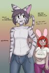  2019 big_breasts breasts brown_hair carol_(stareostar) clothed clothing domestic_cat duo english_text fangs felid feline felis female garfield garfield_(series) gradient_background hair jeans lagomorph liam_(stareostar) male male/female male_focus mammal midriff navel open_mouth pants partially_(disambiguation) rabbit red_eyes red_hair shirt short_hair simple_background stareostar t-shirt text topless 