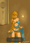  belly_dancer blonde_hair blue_eyes breasts breath_of_the_wild clothed clothing dialogue english_text female hair humanoid hylian jewelry long_hair mammal nintendo nipples not_furry partially_clothed pointy_ears princess_zelda pussy slamfandango text the_legend_of_zelda video_games 