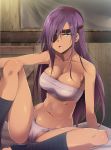  1girl blue_eyes breasts cleavage collarbone eyepatch highres kaiga large_breasts long_hair navel open_mouth original purple_hair sarashi sitting solo 