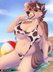  2019 anthro ball beach beach_ball big_breasts breasts canid canine clothed clothing digital_media_(artwork) female mammal open_mouth piercing seaside skimpy slightly_chubby swimsuit terryburrs 