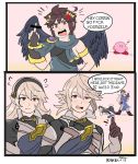  2boys 3girls bayonetta black_wings comic dark_pit female_my_unit_(fire_emblem_if) highres karbuitt kid_icarus kirby male_my_unit_(fire_emblem_if) multiple_boys multiple_girls my_unit_(fire_emblem_if) nintendo red_eyes richter_belmondo sharp_teeth shouting silver_hair super_smash_bros. teeth wings 