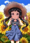  1girl bangs black_hair blue_overalls blue_sky child cloud commentary_request cowboy_shot day double_v eyebrows_visible_through_hair field flower flower_field forehead hat hat_ribbon itakurakou1993 long_hair looking_at_viewer low_twintails original outdoors overall_skirt purple_eyes ribbon shirt short_sleeves sky smile solo standing straw_hat striped striped_shirt summer sunflower twintails v wind wind_lift 