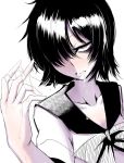  1girl black_hair breasts character_request cleavage drooling fingers hair_over_one_eye hands lips looking_at_viewer portrait saliva saliva_trail sangyou_haikibutsu_(turnamoonright) school_uniform short_hair white_background 