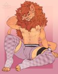  anthro bulge clothed clothing crossdressing felid hi_res l2edpanda lion male mammal nipples pantherine sitting smile solo thick_thighs topless 
