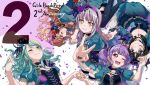  2 5girls ;) ;d anniversary aqua_hair aqua_skirt bang_dream! bangs black_choker black_feathers black_hair blue_feathers blue_flower blue_rose blush breasts brown_hair choker cleavage commentary_request copyright_name countdown cross-laced_clothes crown earrings eyes_closed flower green_eyes grey_hair hair_flower hair_ornament hairband half_updo hand_holding hand_in_hair hands_together highres hikawa_sayo imai_lisa jewelry kneeling long_hair looking_at_another looking_at_viewer lying minato_yukina multiple_girls number official_art on_back on_side one_eye_closed open_mouth petals purple_eyes purple_flower purple_hair purple_rose red_flower red_rose rose roselia_(bang_dream!) shirokane_rinko short_sleeves skirt smile udagawa_ako v 