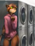  2016 5_fingers anthro blush canid canine clothing deren green_eyes hoodie laundromat male mammal raccoon_dog solo standing sweat sweatdrop tanuki vu06 