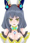  1girl absurdres breasts cleavage gem grey_hair highres large_breasts long_hair looking_at_viewer nintendo niyah pzliaoxi simple_background smile spoilers white_background xenoblade_(series) xenoblade_2 yellow_eyes 