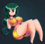  1girl artist_name asui_tsuyu bangs bare_shoulders barefoot black_eyes blue_background blue_outline blush boku_no_hero_academia breasts cleavage dropletoid eyebrows_visible_through_hair female full_body green_hair hand_on_own_chest hand_up large_breasts long_hair looking_to_the_side nose_blush open_mouth orange_shorts shiny shiny_hair short_shorts shorts side_slit simple_background sitting solo strapless striped striped_shorts tied_hair tubetop twitter_username 