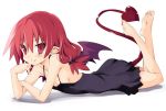  1girl barefoot bat_wings demon_girl demon_tail disgaea etna eyebrows_visible_through_hair flat_chest iwasi-r looking_at_viewer makai_senki_disgaea mini_wings pointy_ears red_eyes red_hair short_hair simple_background smile solo tail white_background wings 