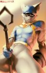  2018 anthro bottomless cane clothed clothing garamando hat looking_down male mammal muscular muscular_male procyonid raccoon sly_cooper sly_cooper_(series) smile solo video_games 