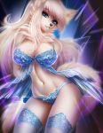 adorableinall anthro blue_eyes canid canine clothed clothing eyelashes female fur hair hands_behind_back lingerie long_hair looking_at_viewer mammal navel solo standing white_fur white_hair 