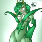  2012 anthro anthrofied bedroom_eyes breasts cleavage clothed clothing eyelashes female florecentmoo green_hair hair half-closed_eyes nintendo pok&eacute;mon pok&eacute;mon_(species) red_eyes seductive serperior slit_pupils smile video_games wide_hips 