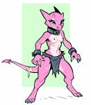  2019 3_toes 4_fingers anthro areola bandage blue_eyes breasts claws clothed clothing collar eyelashes female horn kobold loincloth navel nipples non-mammal_breasts reptile scalie scar shackles solo sorcerushorserus spade_tail standing toe_claws toes topless 