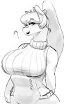  ? absurd_res anthro bedroom_eyes big_breasts black_and_white breasts cat_pepper clothed clothing female giraffe giraffid hair half-closed_eyes hi_res huge_breasts kemono long_hair looking_at_viewer mammal monochrome open_mouth seductive simple_background smile solo turtle_neck white_background 