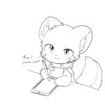  ambiguous_gender black_and_white chano chano_(character) chinchilla cloak clothing cub digital_media_(artwork) english_text fur grey_fur japanese_text mammal monochrome multicolored_fur paws pen rodent solo tablet text whiskers white_fur young 