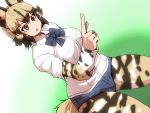  african_wild_dog african_wild_dog_(kemono_friends) animal_humanoid blush bow_tie breasts brown_hair canid canid_humanoid canine canine_humanoid clothed clothing denim_shorts female grey_eyes hair humanoid isna kemono_friends legwear mammal multicolored_hair open_mouth shirt short_hair shorts solo spots spotted_legwear tights two_tone_hair 