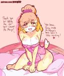  &lt;3 &lt;3_eyes 2019 animal_crossing anthro bed blush breasts canid canine canis dialogue digital_media_(artwork) domestic_dog english_text female fur hair isabelle_(animal_crossing) looking_at_viewer mammal nintendo nude open_mouth pillow pongldr shih_tzu simple_background smile solo text towel video_games wet wet_fur yellow_fur 