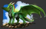  2019 claws deviant-soulmates digital_media_(artwork) dragon feral grass green_scales hi_res horn membranous_wings scales scalie solo standing western_dragon wings yellow_eyes 