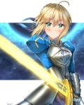  1girl ahoge armor armored_dress artoria_pendragon_(all) blonde_hair blouse blue_ribbon blush breasts commentary_request dress excalibur eyebrows_visible_through_hair fate/grand_order fate/stay_night fate_(series) gauntlets green_eyes hair_between_eyes hair_ribbon holding holding_sword holding_weapon long_sleeves looking_at_viewer ponytail puffy_sleeves ribbon saber short_hair skirt solo sunsun2812 sword weapon 