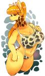  5_fingers anthro big_breasts bikini breasts cat_pepper cleavage clothed clothing eyes_closed female giraffe giraffid hair hi_res kemono long_hair mammal orange_hair simple_background solo swimsuit thick_thighs wide_hips 