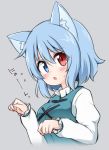  1girl animal_ear_fluff animal_ears bangs blue_eyes blue_hair blue_vest blush breasts cat_ears commentary_request cropped_torso eyebrows_visible_through_hair flying_sweatdrops grey_background hair_between_eyes heterochromia highres juliet_sleeves kemonomimi_mode long_sleeves looking_at_viewer medium_breasts parted_lips paw_pose puffy_sleeves red_eyes shirt short_hair simple_background solo suwa_yasai tatara_kogasa touhou translation_request upper_body vest white_shirt 
