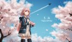  1girl aircraft airplane animal_ears backpack bag beige_skirt black_jacket black_legwear blue_sky breasts cat_bag danganronpa dated flipped_hair from_below handheld_game_console happy_birthday hbsprout highres hood hooded_jacket hoodie jacket long_sleeves looking_afar medium_breasts nanami_chiaki outdoors pink_backpack pink_eyes pink_hair pink_ribbon ribbon shirt short_hair skirt sky solo super_danganronpa_2 thighhighs tree white_shirt 