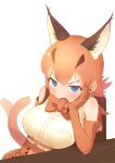  1girl absurdres afterimage bare_shoulders belt blue_eyes blush bow bowtie caracal_(kemono_friends) caracal_ears caracal_tail commentary_request deku_suke elbow_gloves elbows_on_table extra_ears eyebrows_visible_through_hair fang gloves head_on_hand high-waist_skirt highres kemono_friends light_brown_hair open_mouth short_hair skirt sleeveless solo table tail_wagging v-shaped_eyebrows 
