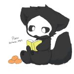  anthro black_fur black_sclera black_tail book canid canine canis changed_(video_game) chano cub english_text food fruit fur mammal puro_(changed) reading sitting solo tangerine_(fruit) text wolf young 