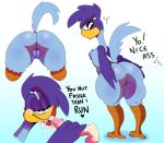  &lt;3 2019 absurd_res anthro avian balls beak beige_balls beige_penis big_butt big_penis bird black_eyes blue_background blue_feathers butt chest_tuft convenient_censorship cum cum_in_mouth cum_inside cum_on_beak cum_on_face dialogue dipstick_penis disembodied_penis duo english_text erection eyelashes feather_hands feathers female front_view gradient_background half-closed_eyes handjob hi_res human human_on_anthro humanoid_penis interspecies light_feathers light_skin looking_back looney_tunes male male/female mammal motion_lines multicolored_feathers multiple_images no_iris nude offscreen_character pale_skin penis pussy raised_tail rear_view red_tongue roadrunner roadrunner_(looney_tunes) sex simple_background smile smirk smug solo somescrub standing surprise tail_feathers talons tan_skin text thick_thighs tongue tongue_out tuft two_tone_feathers warner_brothers white_background winged_arms wings yellow_beak 