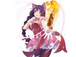  1girl animal_ears bell bell_choker bow braid breasts cat_ears choker dress eyebrows_visible_through_hair fire fishnet_pantyhose fishnets gloves hair_ornament hairclip hanekawa_tsubasa large_breasts long_hair looking_at_viewer magia_record:_mahou_shoujo_madoka_magica_gaiden magical_girl mahou_shoujo_madoka_magica molotov_cocktail monogatari_(series) official_art open_mouth pantyhose pink_eyes purple_hair smile solo transparent_background white_gloves 