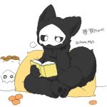  anthro bag black_fur black_sclera black_tail book canid canine canis changed_(video_game) chano chinese_text cub english_text food fruit fur mammal paws puro_(changed) reading sitting tangerine_(fruit) text wolf young 