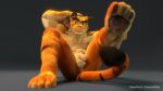  3d_(artwork) 4_toes anthro balls digital_media_(artwork) feet_up felid front_view hand_behind_head hi_res humanoid_penis looking_at_viewer lying male mammal morenatsu nude pantherine pawpads penis simple_background solo spexwulf tiger toes torahiko_(morenatsu) uncut 