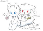  &lt;3 ? ambiguous_gender anthro blue_eyes blush canid canine canis changed_(video_game) chano cloth cub digital_media_(artwork) duo english_text fur lin_(changed) mammal paws red_eyes sitting text white_fur white_tail wolf young 