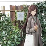  1girl bag bangs brown_eyes brown_hair bubble_tea closed_mouth commentary cup disposable_cup doran_(dorannomai) drinking_straw english_commentary english_text eyebrows_visible_through_hair fence grey_coat grey_sweater highres holding holding_cup idolmaster idolmaster_shiny_colors long_hair long_sleeves looking_at_viewer oosaki_amana paper_bag plant ribbed_sweater shopping_bag sign solo sweater very_long_hair 