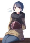  1girl alternate_hair_length alternate_hairstyle black_scarf blue_hair blue_pants brown_coat brown_gloves coat eyebrows_visible_through_hair gloves helmet highres holding holding_helmet pants plan_(planhaplalan) purple_eyes scarf shima_rin short_hair simple_background sitting solo white_background yurucamp 