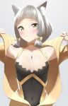  1girl absurdres animal_ears blush breasts cat_ears closed_mouth covered_navel grey_background highres nintendo niyah open_clothes short_hair silver_hair simple_background skeptycally small_breasts solo twitter_username upper_body xenoblade_(series) xenoblade_2 yellow_eyes 