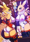  3_fingers anthro anus areola armwear big_breasts black_sclera breasts butt canid canine close-up clothing digimon digimon_(species) female fox fur hi_res iron_sunsetscales mammal mirror ni3ls nipples nude nude_selfies pussy renamon solo spread_legs spreading yellow_fur 