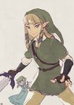  1boy 1girl bangs blonde_hair blue_eyes blunt_bangs closed_mouth cosplay costume_switch dress fantasy green_tunic highres holding holding_sword holding_weapon link link_(cosplay) long_hair looking_at_viewer nintendo pointy_ears princess_zelda princess_zelda_(cosplay) sketch smile sword the_legend_of_zelda the_legend_of_zelda:_skyward_sword triforce tunic weapon wide_sleeves 