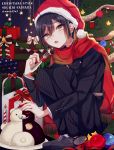  1boy ahoge black_hair black_pants black_shirt box christmas_tree danganronpa eyebrows_visible_through_hair fork full_body fur-trimmed_hat gift gift_box grey_footwear hair_between_eyes hat holding holding_fork long_sleeves monokuma nekoshin_kagari new_danganronpa_v3 pants red_hat red_scarf saihara_shuuichi santa_hat scarf shiny shiny_hair shirt solo squatting striped striped_pants striped_shirt yellow_eyes 