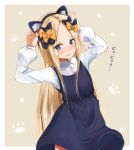  1girl abigail_williams_(fate/grand_order) animal_ear_fluff animal_ears arms_up black_bow black_hairband blonde_hair blue_dress blue_eyes blush bow cat_ears collared_shirt commentary_request dress dress_shirt eyebrows_visible_through_hair fake_animal_ears fate/grand_order fate_(series) forehead hair_bow hairband highres long_hair long_sleeves open_mouth orange_bow parted_lips polka_dot polka_dot_bow polka_dot_hairband puffy_long_sleeves puffy_sleeves sakazakinchan shirt sleeveless sleeveless_dress solo translation_request very_long_hair wavy_mouth white_shirt 