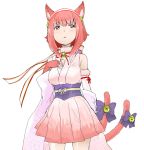  1girl animal_ears bell belt bow cat_ears cat_tail fingerless_gloves fire_emblem fire_emblem_heroes fire_emblem_if fur_trim gloves hairband halloween_costume highres japanese_clothes nintendo ookamiuo parted_lips pink_eyes pink_gloves pink_hair sakura_(fire_emblem_if) short_hair simple_background solo tail white_background 